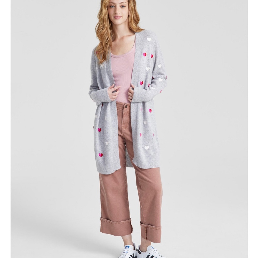 100%Cashmere Tag onWomen's Petite Heart-Embroidered Long Open Cardigan, size PS